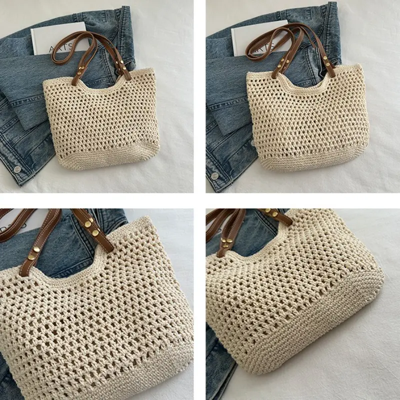 Large Capacity Knit Shoulder Bags for Women Versatile Ladies Beach Woven Underarm Bag Hollow Design Commuter Female Handbag Tote