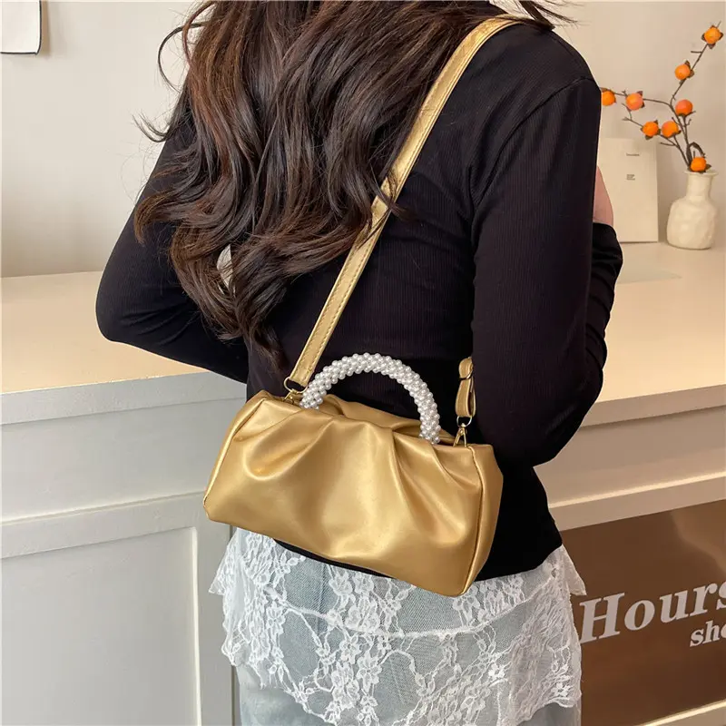 Fashion Pleated Design Women Shoulder Bags Solid Color Simple Ladies Crossbody Clutch Elegant Female Pearl Top-Handle Bag Purse