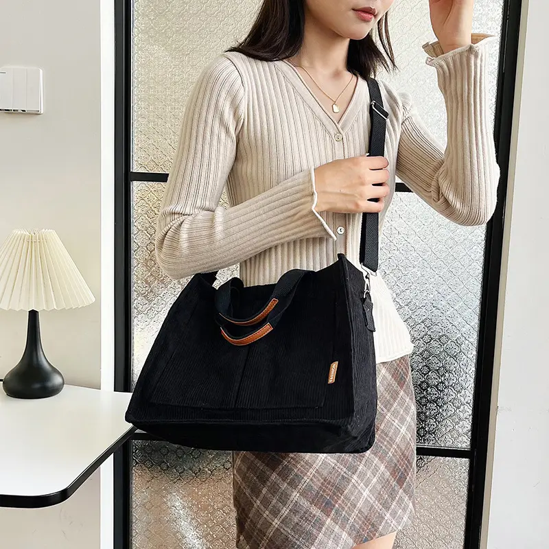 Simple Corduroy Women's Commute Shoulder Bags Large Capacity Ladies Tote Messenger Bags Female Travel Pocket Purse Handbags