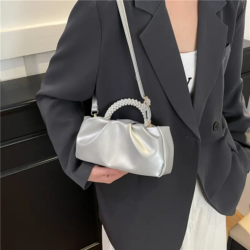 Fashion Pleated Design Women Shoulder Bags Solid Color Simple Ladies Crossbody Clutch Elegant Female Pearl Top-Handle Bag Purse