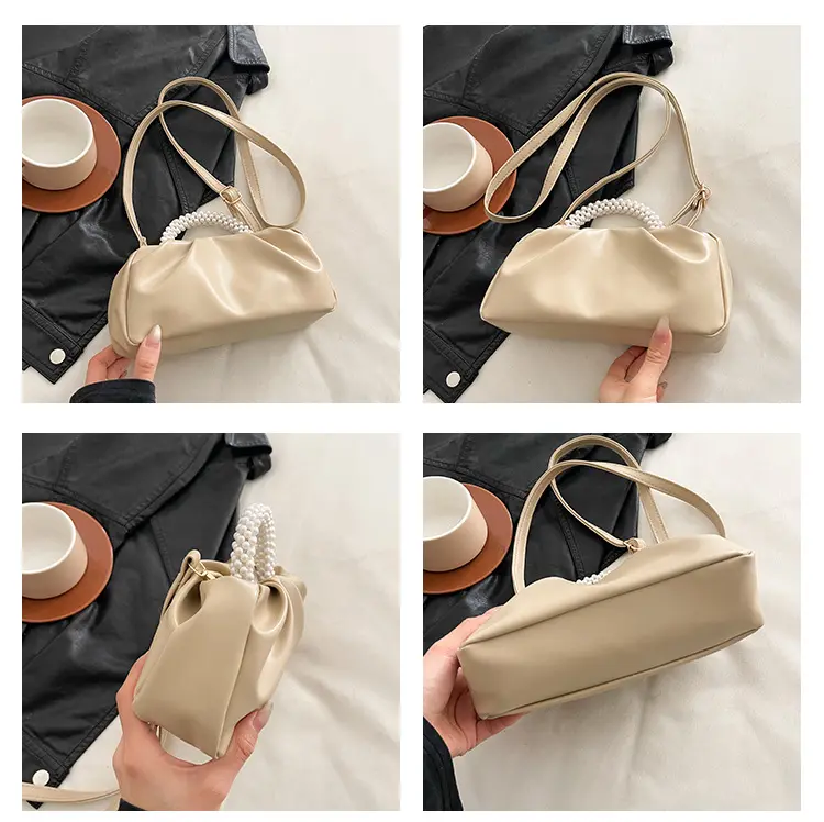 Fashion Pleated Design Women Shoulder Bags Solid Color Simple Ladies Crossbody Clutch Elegant Female Pearl Top-Handle Bag Purse