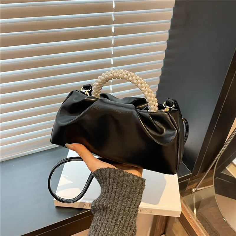 Fashion Pleated Design Women Shoulder Bags Solid Color Simple Ladies Crossbody Clutch Elegant Female Pearl Top-Handle Bag Purse