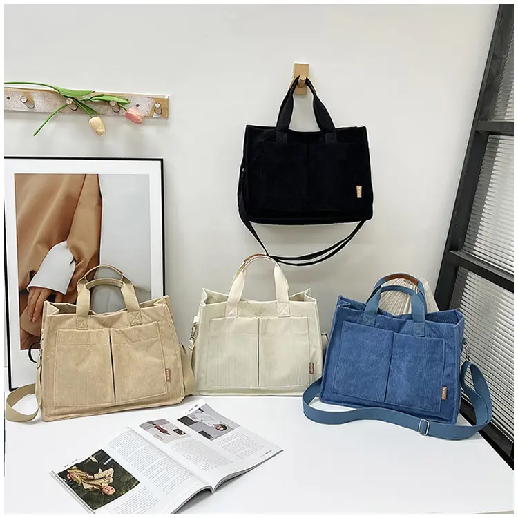 Simple Corduroy Women's Commute Shoulder Bags Large Capacity Ladies Tote Messenger Bags Female Travel Pocket Purse Handbags