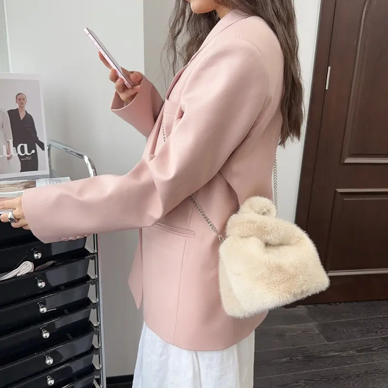 Solid Color Women's Plush Vest Handbags Portable Faux Fur Ladies Bucket Crossbody Bags Casual Lightweight Female Shoulder Bag