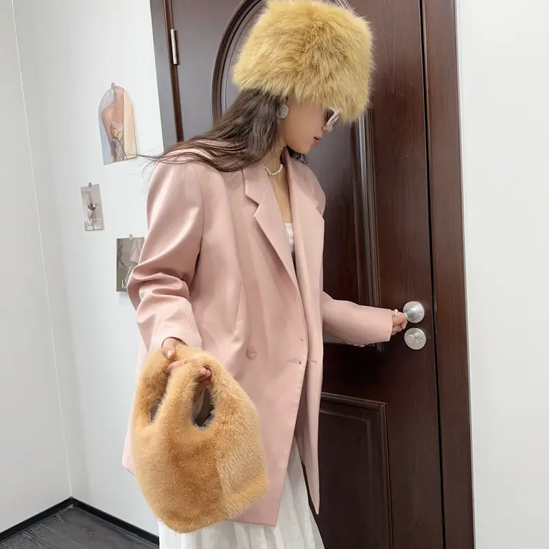 Solid Color Women's Plush Vest Handbags Portable Faux Fur Ladies Bucket Crossbody Bags Casual Lightweight Female Shoulder Bag