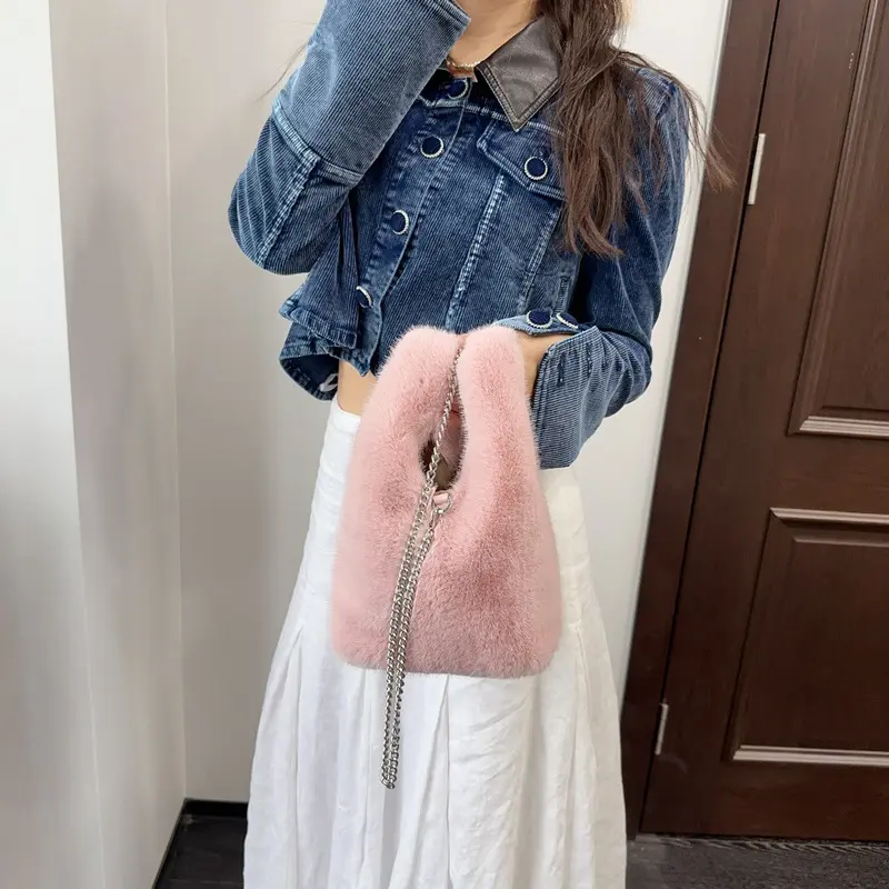 Solid Color Women's Plush Vest Handbags Portable Faux Fur Ladies Bucket Crossbody Bags Casual Lightweight Female Shoulder Bag