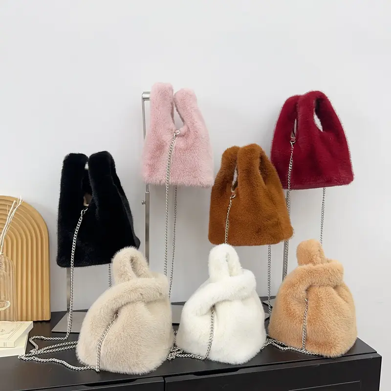 Solid Color Women's Plush Vest Handbags Portable Faux Fur Ladies Bucket Crossbody Bags Casual Lightweight Female Shoulder Bag