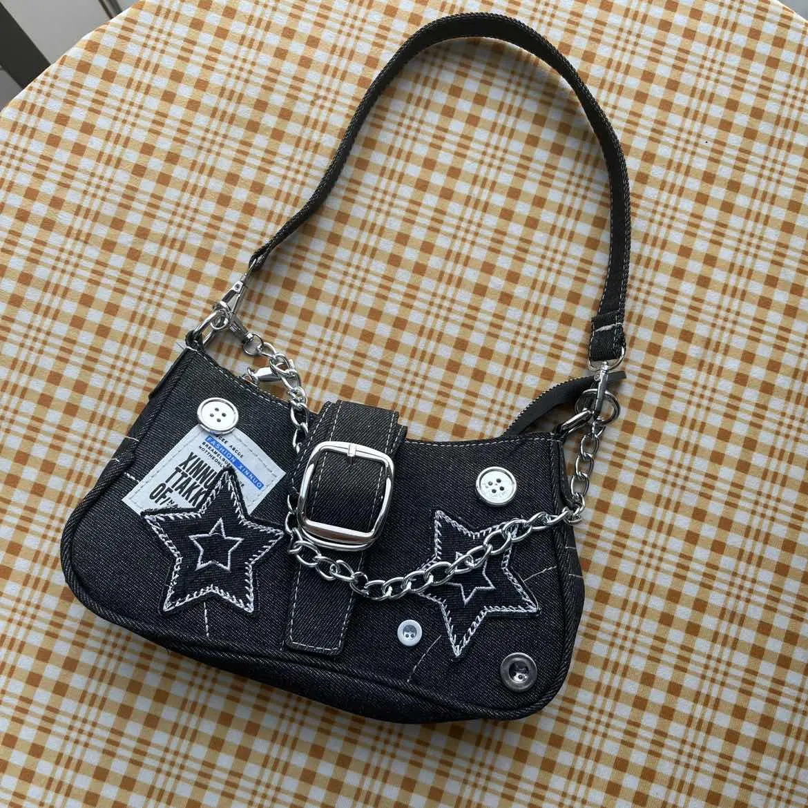 Y2k Fashion Women's Handbags Stars Pattern Cool Girls Underarm Bag Fashion Canvas Female Small Shoulder Bags Chain Tote Purses