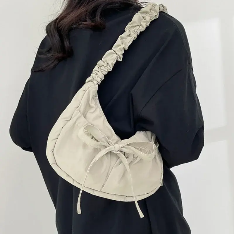 Fashion Pleated Women's Handbags Solid Color Ladies Bowknot Shoulder Underarm Bag Soft Nylon Cloth Female Crossbody Bags Purse