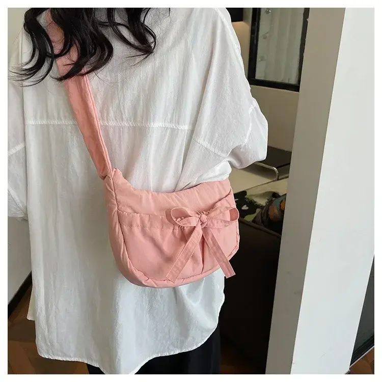 Fashion Pleated Women's Handbags Solid Color Ladies Bowknot Shoulder Underarm Bag Soft Nylon Cloth Female Crossbody Bags Purse