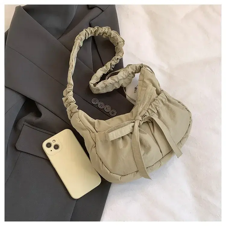 Fashion Pleated Women's Handbags Solid Color Ladies Bowknot Shoulder Underarm Bag Soft Nylon Cloth Female Crossbody Bags Purse