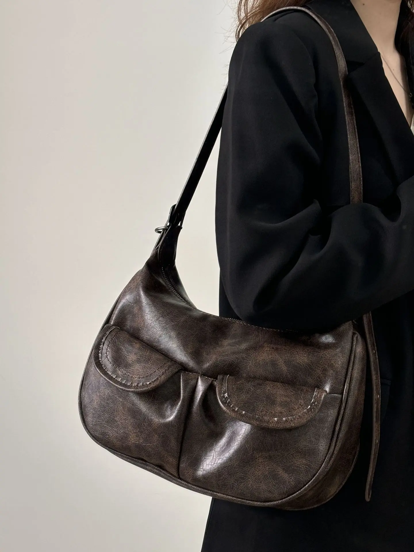 Maillard Style Women's Underarm Bag Vintage Fashion Shoulder Bags Ladies Pu Leather Handbags Thread Female Crossbody Bag Purse