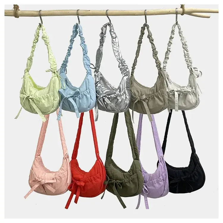 Fashion Pleated Women's Handbags Solid Color Ladies Bowknot Shoulder Underarm Bag Soft Nylon Cloth Female Crossbody Bags Purse