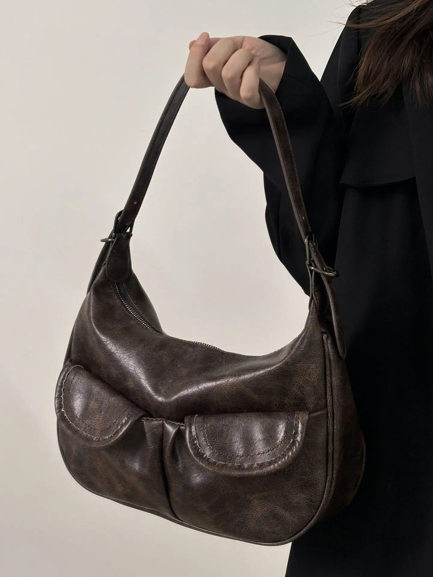 Maillard Style Women's Underarm Bag Vintage Fashion Shoulder Bags Ladies Pu Leather Handbags Thread Female Crossbody Bag Purse
