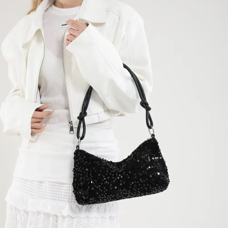 Simple Sequined Design Women's Shoulder Bag Casual Ladies Half Moon Underarm Bags Vintage Solid Color Famale Handbags Purse