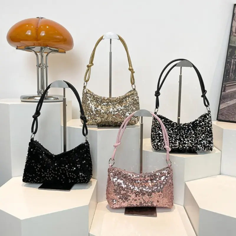 Simple Sequined Design Women's Shoulder Bag Casual Ladies Half Moon Underarm Bags Vintage Solid Color Famale Handbags Purse