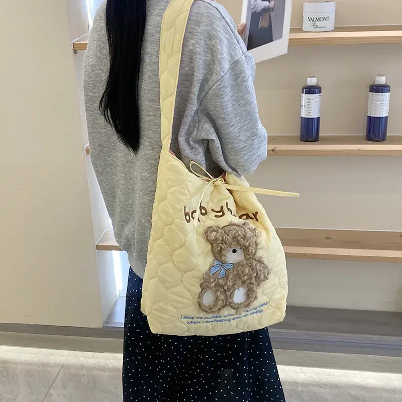 Cute Cartoon Embroidery Girls Student Shoulder Bags Quilted Plaid Women's Underarm Bag Large Capacity Tote Female Handbags