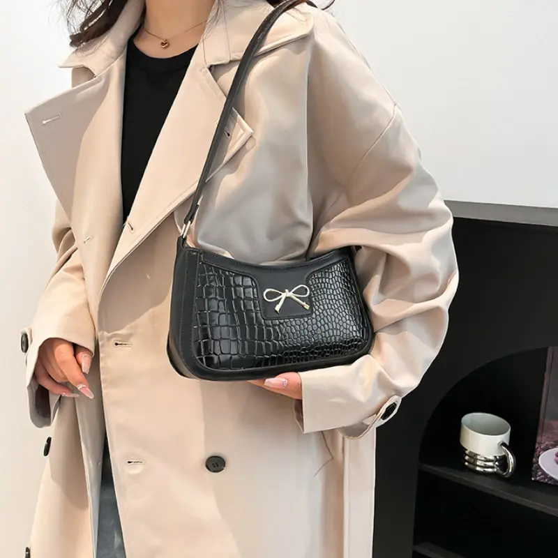 Bow Alligator Print Women's Shoulder Bag Fashion Vintage Ladies Underarm Bag Pu Leather Female Small Tote Handbags Clutch Purse