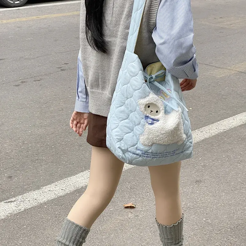 Cute Cartoon Embroidery Girls Student Shoulder Bags Quilted Plaid Women's Underarm Bag Large Capacity Tote Female Handbags