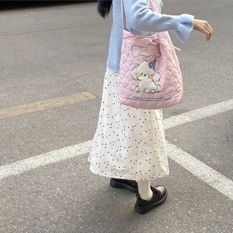 Cute Cartoon Embroidery Girls Student Shoulder Bags Quilted Plaid Women's Underarm Bag Large Capacity Tote Female Handbags