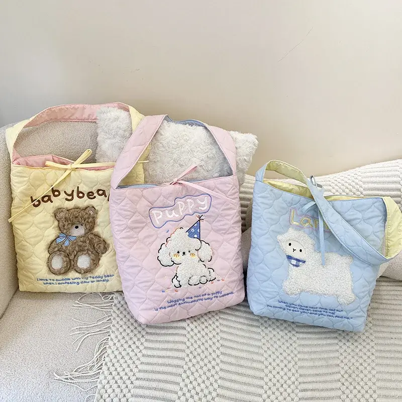 Cute Cartoon Embroidery Girls Student Shoulder Bags Quilted Plaid Women's Underarm Bag Large Capacity Tote Female Handbags