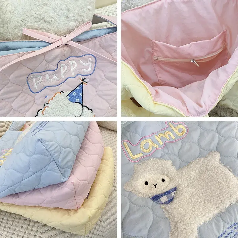 Cute Cartoon Embroidery Girls Student Shoulder Bags Quilted Plaid Women's Underarm Bag Large Capacity Tote Female Handbags