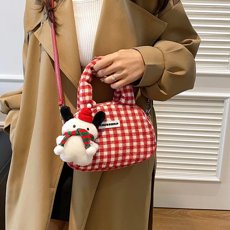 Cute Fashion Women's Square Purse Handbags Retro Plaid Ladies Small Tote Shoulder Bags Sweet Pendant Female Winter Crossbody Bag