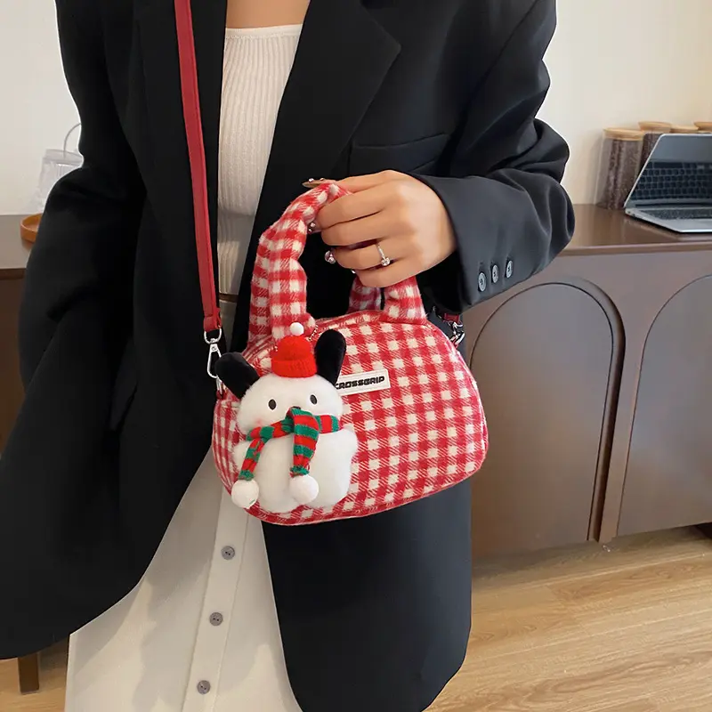 Cute Fashion Women's Square Purse Handbags Retro Plaid Ladies Small Tote Shoulder Bags Sweet Pendant Female Winter Crossbody Bag
