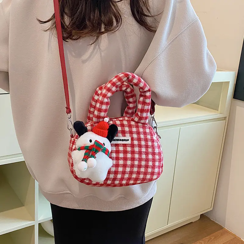 Cute Fashion Women's Square Purse Handbags Retro Plaid Ladies Small Tote Shoulder Bags Sweet Pendant Female Winter Crossbody Bag
