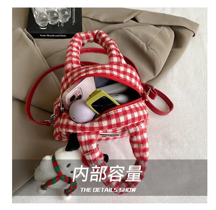 Cute Fashion Women's Square Purse Handbags Retro Plaid Ladies Small Tote Shoulder Bags Sweet Pendant Female Winter Crossbody Bag