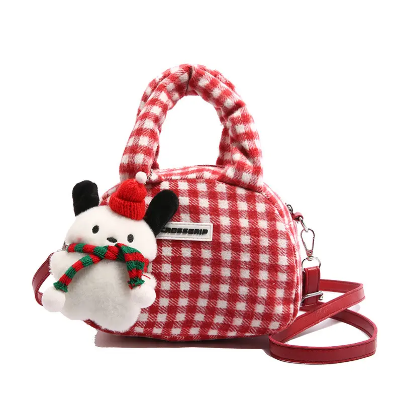 Cute Fashion Women's Square Purse Handbags Retro Plaid Ladies Small Tote Shoulder Bags Sweet Pendant Female Winter Crossbody Bag