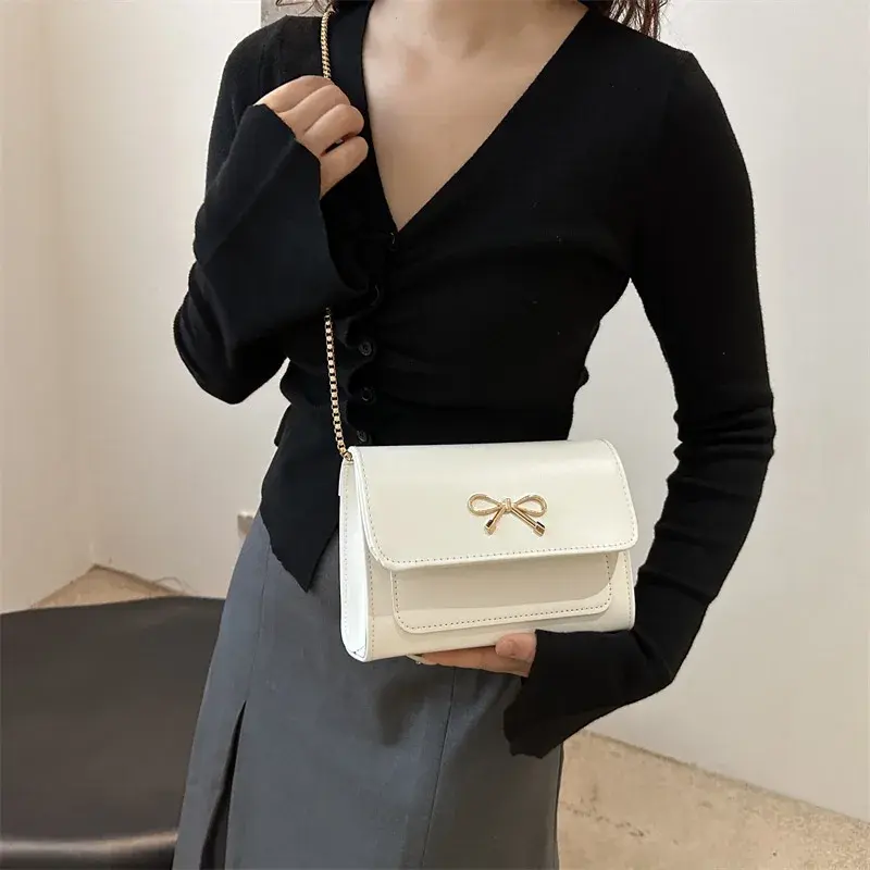 Vintage Bow Women's Chain Crossbody Bag Fashion Pu Leather Ladies Shoulder Bags Elegant Female Small Square Clutch Purse Handbag