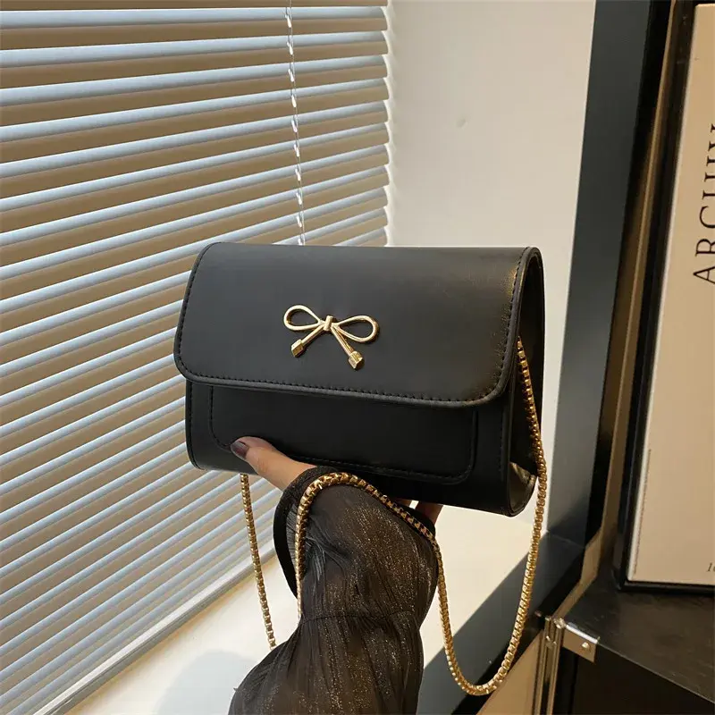 Vintage Bow Women's Chain Crossbody Bag Fashion Pu Leather Ladies Shoulder Bags Elegant Female Small Square Clutch Purse Handbag