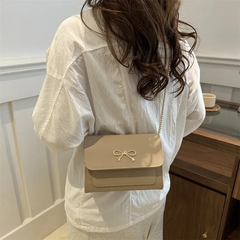 Vintage Bow Women's Chain Crossbody Bag Fashion Pu Leather Ladies Shoulder Bags Elegant Female Small Square Clutch Purse Handbag