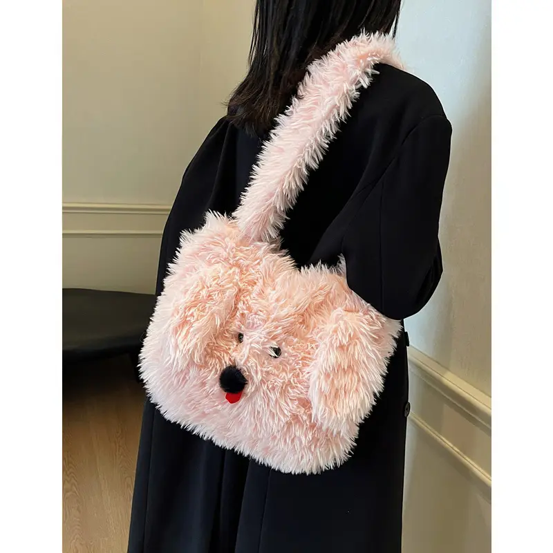 Cute Cartoon Dog Girls Student Fluffy Shoulder Bags Faux Fur Large Capacity Women's Messenger Bag Simple Plush Female Handbags