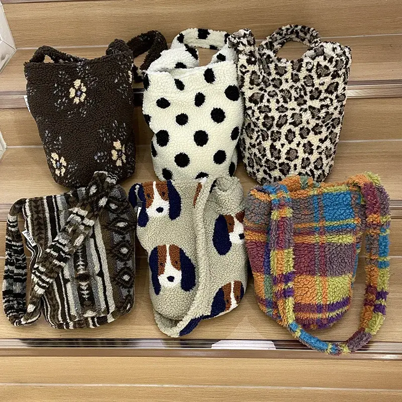 Leopard Print Polka Dot Women's Bucket Shoulder Bags Soft Plush Commuter Ladies Crossbody Bag Simple Female Handbags Tote