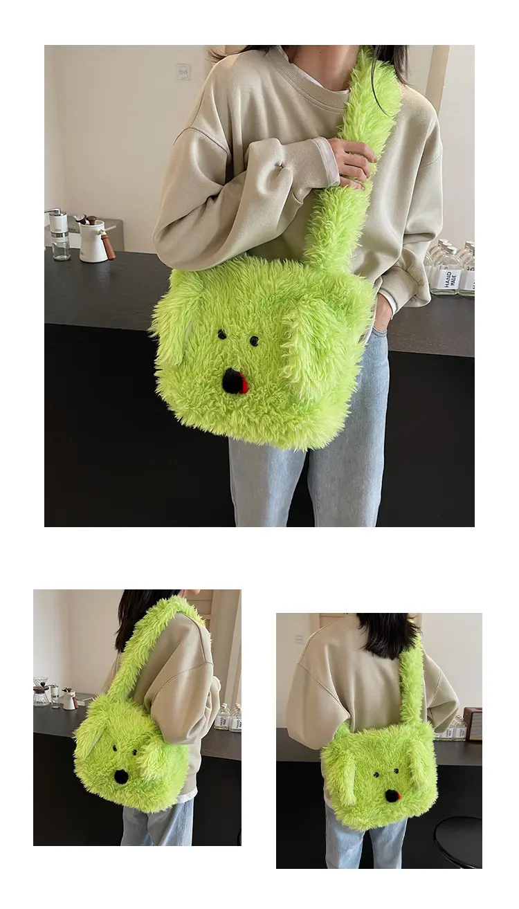 Cute Cartoon Dog Girls Student Fluffy Shoulder Bags Faux Fur Large Capacity Women's Messenger Bag Simple Plush Female Handbags