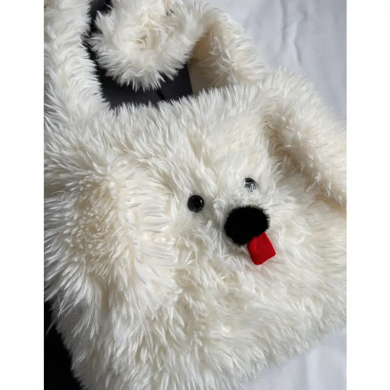 Cute Cartoon Dog Girls Student Fluffy Shoulder Bags Faux Fur Large Capacity Women's Messenger Bag Simple Plush Female Handbags