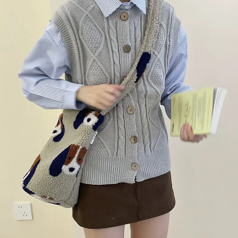 Leopard Print Polka Dot Women's Bucket Shoulder Bags Soft Plush Commuter Ladies Crossbody Bag Simple Female Handbags Tote