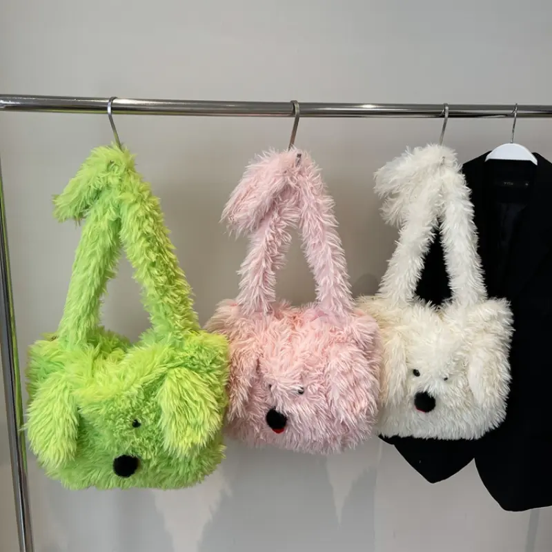 Cute Cartoon Dog Girls Student Fluffy Shoulder Bags Faux Fur Large Capacity Women's Messenger Bag Simple Plush Female Handbags