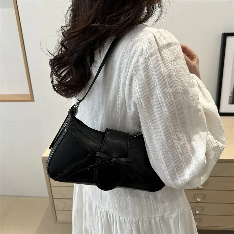 Sweet Bow Thread Design Women Shoulder Bags Simple Versatile Ladies Handbags Purse Portable Solid Color Female Pu Underarm Bag