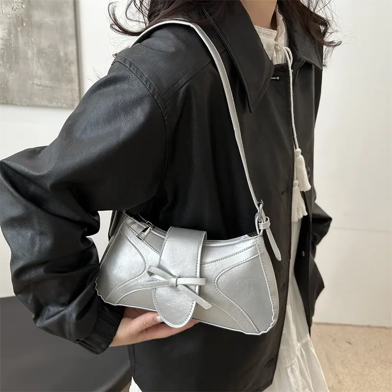 Sweet Bow Thread Design Women Shoulder Bags Simple Versatile Ladies Handbags Purse Portable Solid Color Female Pu Underarm Bag
