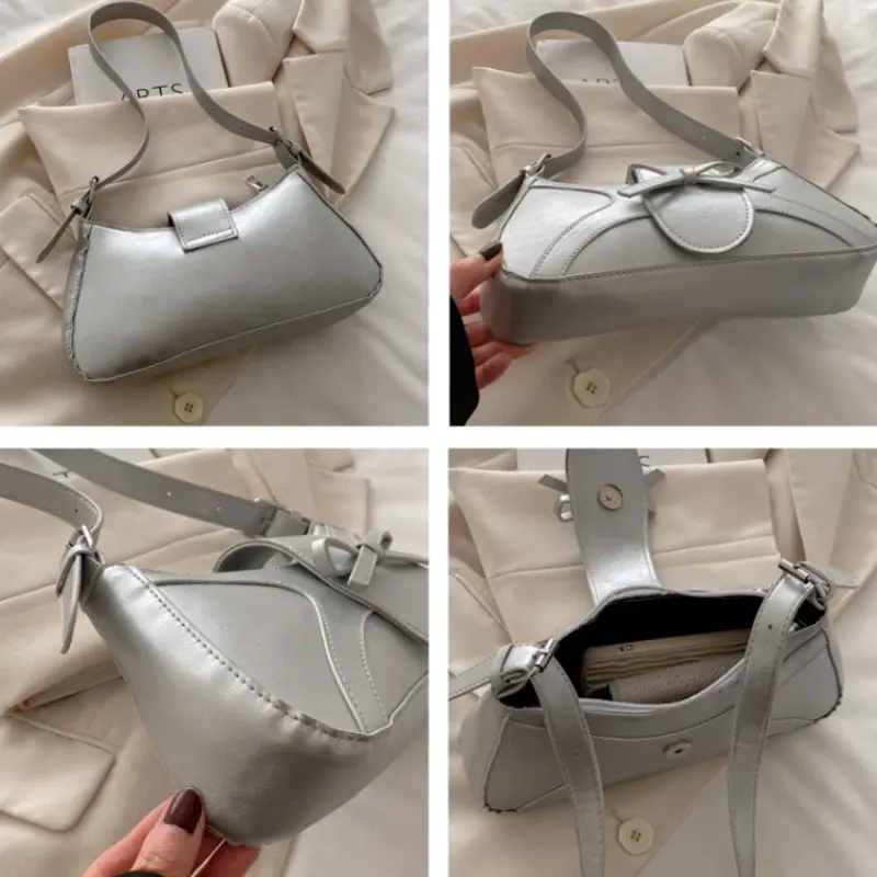 Sweet Bow Thread Design Women Shoulder Bags Simple Versatile Ladies Handbags Purse Portable Solid Color Female Pu Underarm Bag