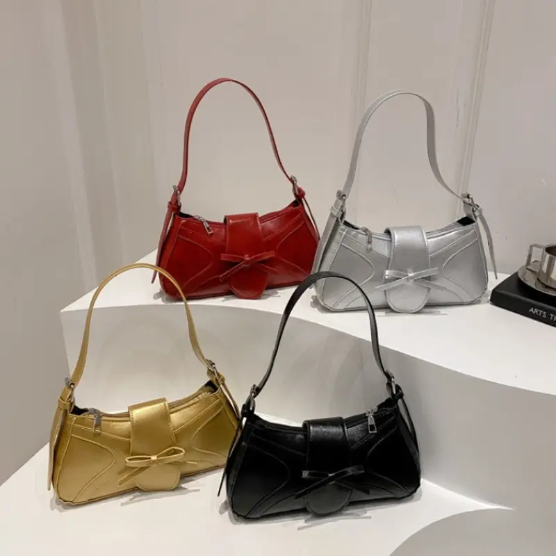 Sweet Bow Thread Design Women Shoulder Bags Simple Versatile Ladies Handbags Purse Portable Solid Color Female Pu Underarm Bag
