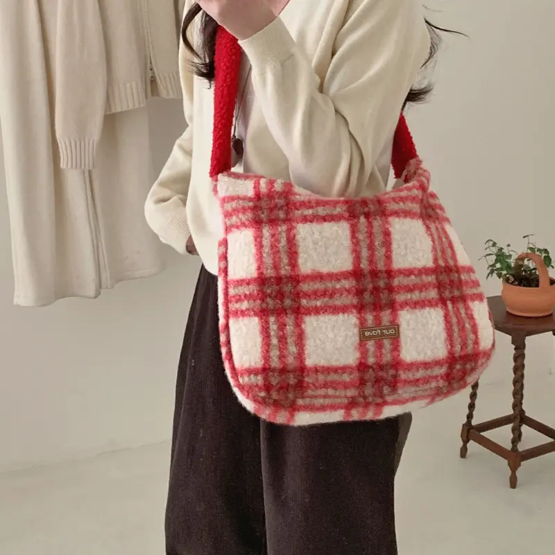 Plaid College Girls Shoulder Bags Christmas Portable Female Tote Handbags Large Capacity Ladies Retro Striped Crossbody Bag