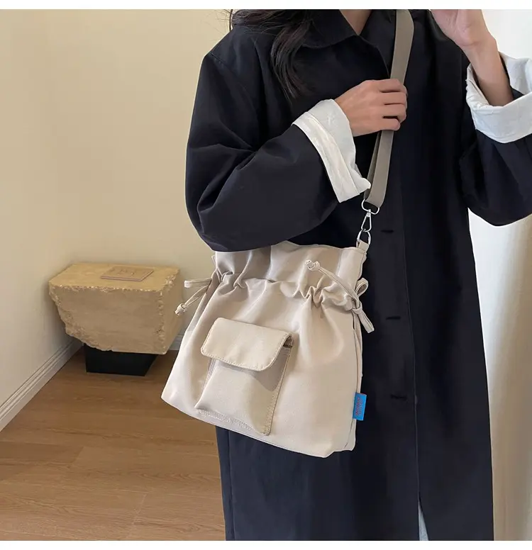 Drawstring Design Solid Color Women's Canvas Shoulder Bags Casual Simple Ladies Handbags Outdoor Sports Female Crossbody Bag