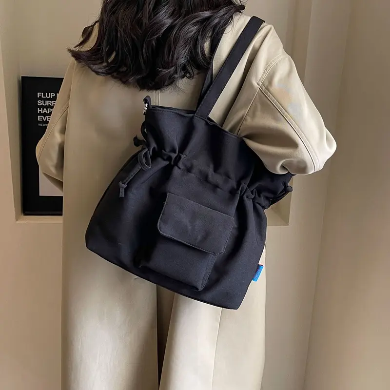 Drawstring Design Solid Color Women's Canvas Shoulder Bags Casual Simple Ladies Handbags Outdoor Sports Female Crossbody Bag