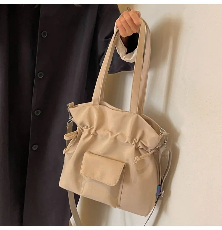 Drawstring Design Solid Color Women's Canvas Shoulder Bags Casual Simple Ladies Handbags Outdoor Sports Female Crossbody Bag