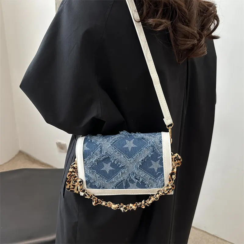 Retro Denim Patchwork Shoulder Bags for Women Commuter Star Contrast Color Ladies Handbags Leopard Ribbon Female Crossbody Bag