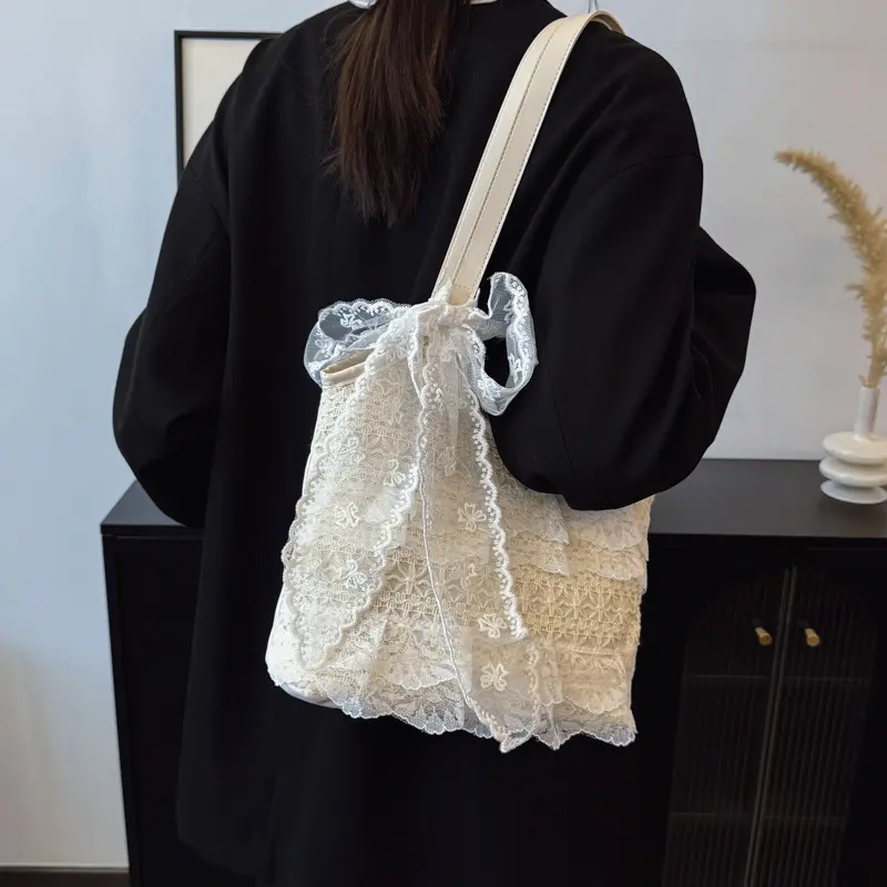 Casual Lace Vacation Style Women Shoulder Bag Large Capacity Patchwork Ladies Commuter Tote Bags Sweet Bow Ribbon Female Handbag